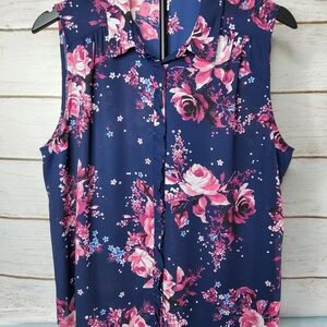 Elle Navy Sleeveless Blouse with Pink Floral Print